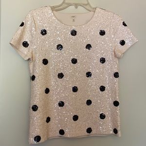 J. Crew Cream and Black sequin polka dot tee XS